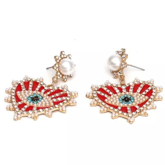 NWOT Rhinestone Eyeball Heart Earrings - Picture 3 of 4